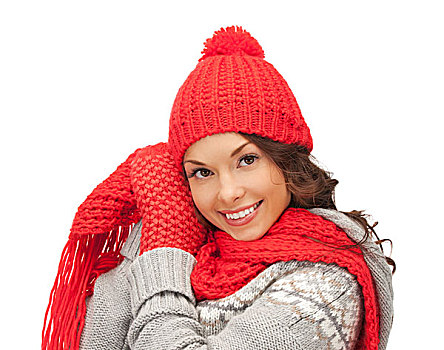 冬天,休假,衣服,人,概念,微笑,亚洲女性,红色,帽子,围巾,连指手套,上方,白色背景