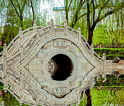 中国古典园林湖泊中的拱形桥和倒影