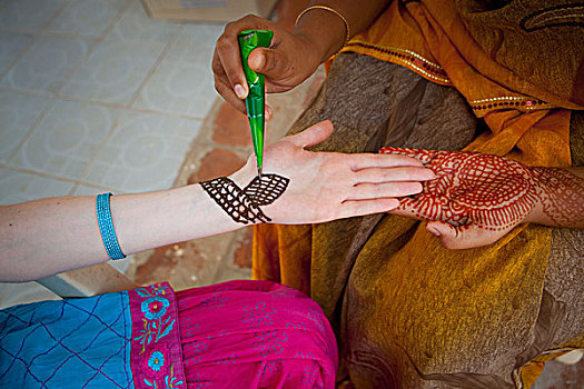 女人,散沫花染料,手臂,泰米尔纳德邦,印度