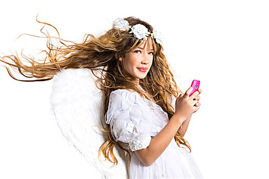 天使,金发,女孩,手机,智能手机,羽毛,翼,白色背景