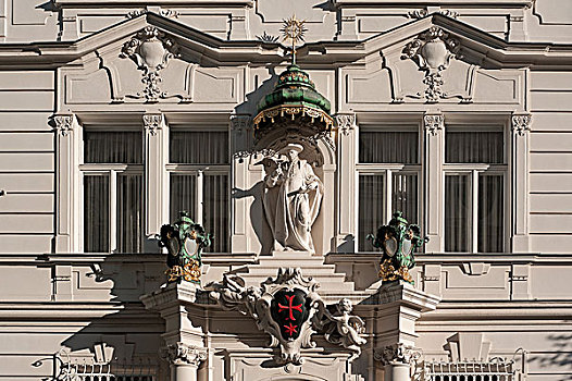 雕塑,织锦,篷子,红色,星,高处,入口,门口,建筑,维也纳,奥地利,欧洲