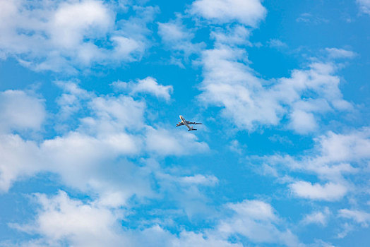 蓝天白云背景下飞过的客机