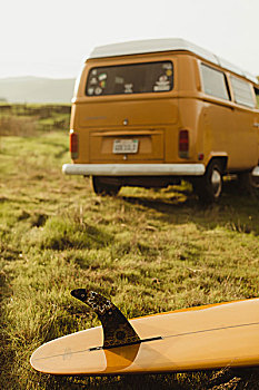 黄色,冲浪板,旧式,娱乐,货车,路边,加利福尼亚,美国