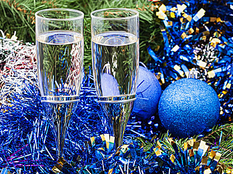 两个,玻璃杯,蓝色,圣诞节,装饰,树