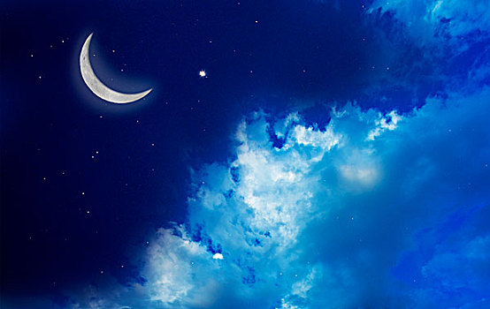 蓝色,夜空,新月,星,云