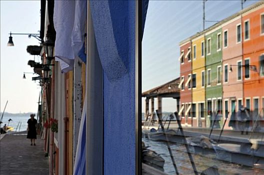 彩色,连栋房屋,反射,窗,布拉诺岛,靠近,威尼斯,意大利,欧洲