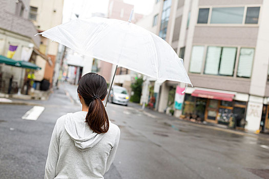 背面视角,女人,拿着,伞,广岛市