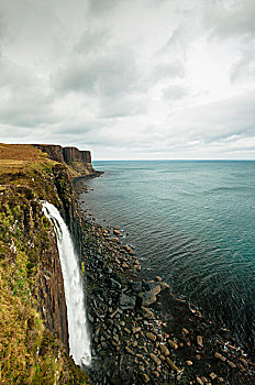 高,瀑布,大西洋,海洋,声音,苏格兰式短裙,石头,背景,斯凯岛,苏格兰