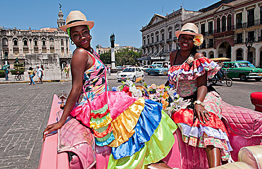哈瓦那,古巴,女人,花,粉色,经典,汽车,帽子,微笑,旅游