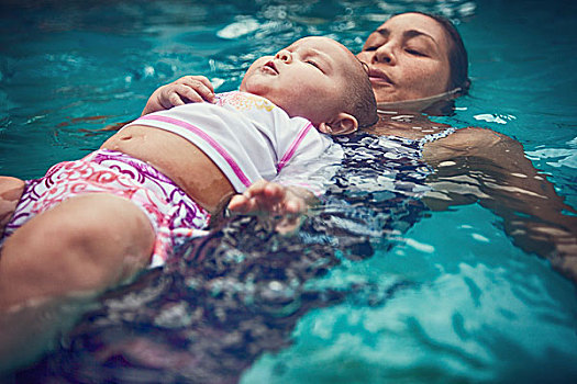 母亲,婴儿,女儿,漂浮,后背,水中