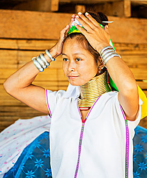 年轻,山,部落,女人,梳头,早晨,清迈,泰国,亚洲