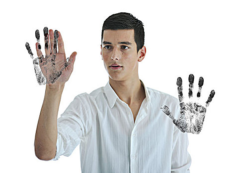 安全,概念,商务人士,隔绝,白色背景,手指,手印