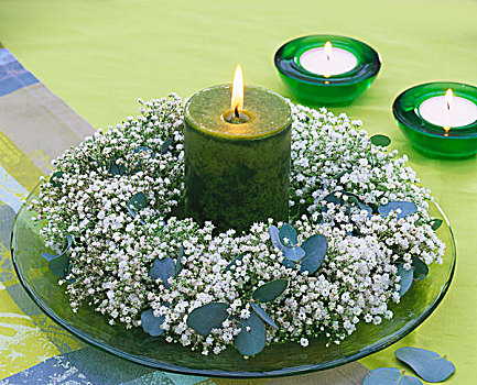 花环,丝石竹属植物,桉树,绿色,蜡烛