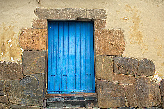 秘鲁,欧兰塔坦伯,蓝色,木质,入口,老,印加,石墙