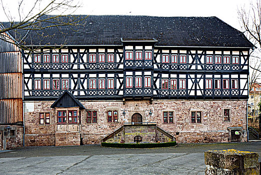 城堡,半木结构,文艺复兴,今日,住房,幼儿园,中心,黑森州,德国,欧洲