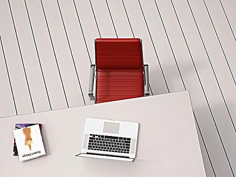 电脑插画,俯视,书桌,红色,椅子,笔记本电脑,书本