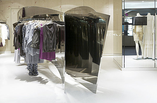 百货公司,伦敦,2008年,反射,展示,衣服,悬挂,轨道