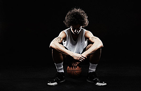 篮球手,坐,篮球