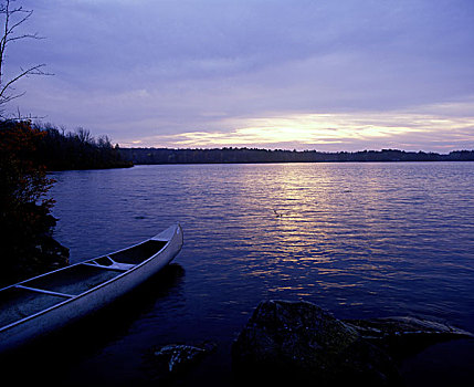 景色,独木舟,停靠,安静,湖,日出,日落