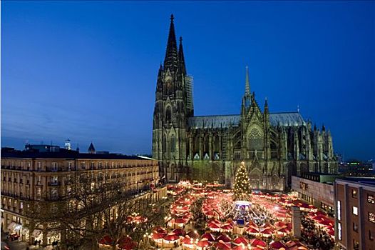 光亮,圣诞市场,圣诞树,正面,科隆大教堂,北莱茵威斯特伐利亚,德国,欧洲
