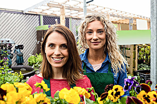 头像,两个,女性,花商,微笑,花卉商店