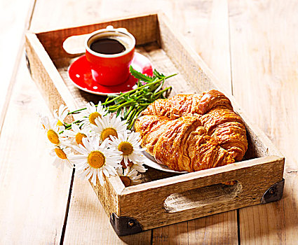 早餐托盘,牛角面包,咖啡杯,雏菊,花,木桌子
