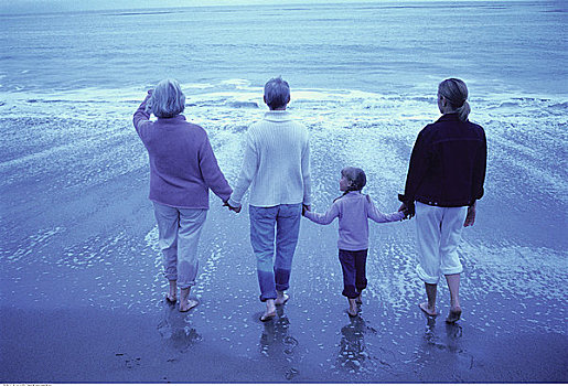 后视图,四代人,女人,站立,海浪,海滩