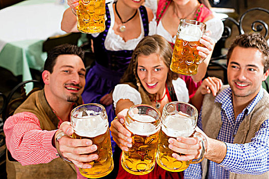 旅店,酒吧,巴伐利亚,群体,五个,男青年,女人,传统,喝,啤酒,聚会
