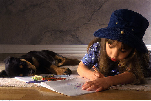 女孩,绘画,蜡笔画,旁侧,小狗