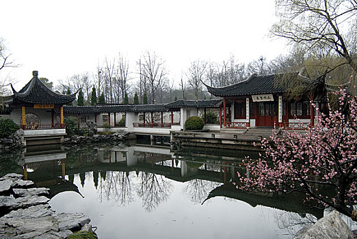 中式园林建筑春天