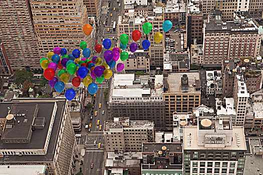 许多,彩色,气球,高处,城市