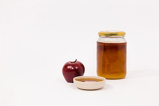 红苹果,罐,蜂蜜,碗,隔绝,白色背景