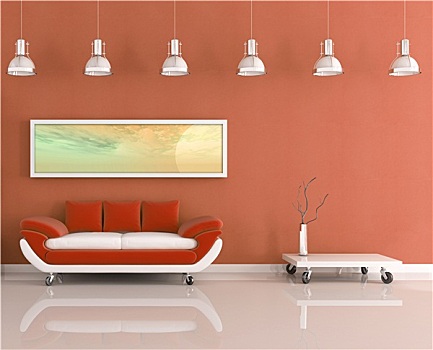 现代,橙色,白色,客厅
