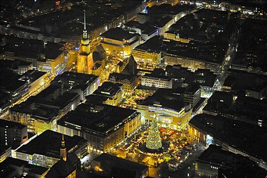 夜景,市中心,教堂,圣诞市场,圣诞树,街道,多特蒙德,鲁尔区,北莱茵威斯特伐利亚,德国,欧洲