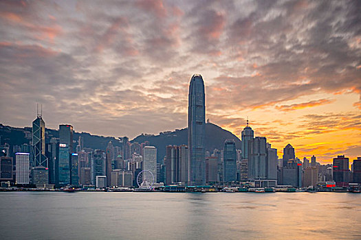 香港,天际线,摩天大楼,香港岛,日落,风景,尖沙嘴,九龙,中国,亚洲