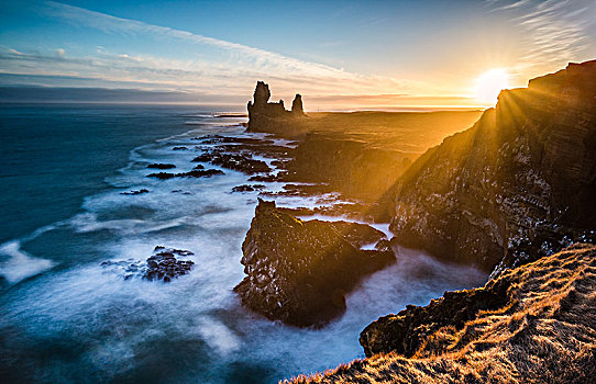 悬崖,日落,黑色,火山岩,海岸,斯奈山半岛,韦斯特兰德,冰岛,欧洲