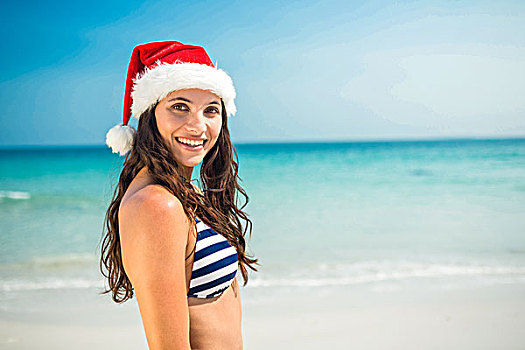 漂亮,黑发,圣诞帽,看镜头,海滩