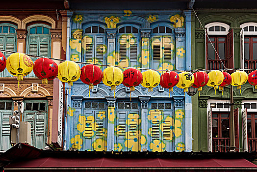 新加坡,唐人街,街道,装饰,彩灯,黄色,红色,上方,正面,色彩,建筑外观
