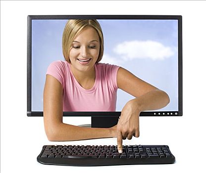 女青年,台式电脑,显示器,按压,按键,键盘