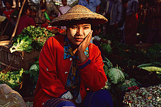 缅甸,卖蔬菜,人,早晨