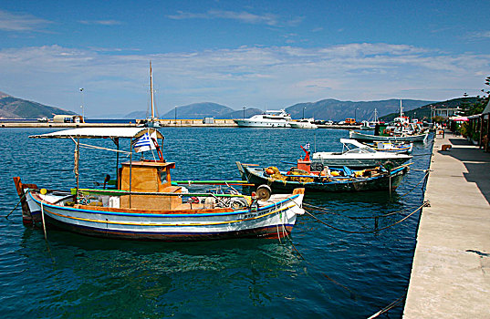 渔船,停泊,挨着,码头,拉普兰人,凯法利尼亚岛,希腊