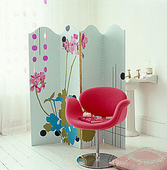 现代,粉色,椅子,正面,折叠屏风,浴室