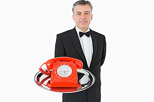 服务员,拿着,红色,电话,银色托盘