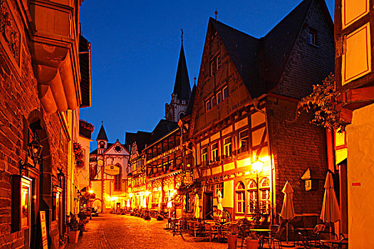 街道,历史,中心,黄昏,巴哈拉赫,莱茵兰普法尔茨州,德国,欧洲