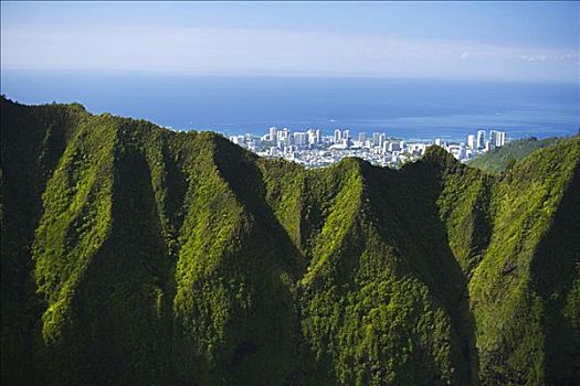 夏威夷,瓦胡岛,俯视,檀香山,远眺,柯欧劳山,山峦