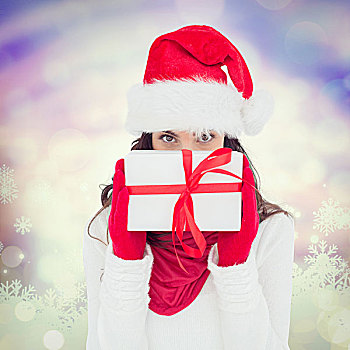 合成效果,图像,黑发,红色,手套,圣诞帽,展示,礼物,发光,圣诞节,背景