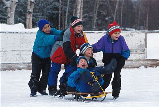 孩子,雪橇运动,冰,滑冰场,冬天,景色