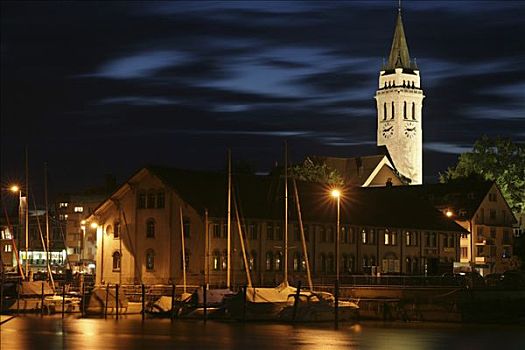 港口,帆船,尖顶,天主教,教堂,湖,康士坦茨,瑞士