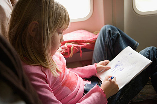 女孩,坐,飞机,绘画,速描板