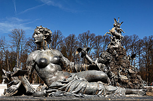 神话,雕塑,喷泉,鲁道夫,建造,正面,海伦基姆湖堡,宫殿,岛屿,巴伐利亚,德国,欧洲